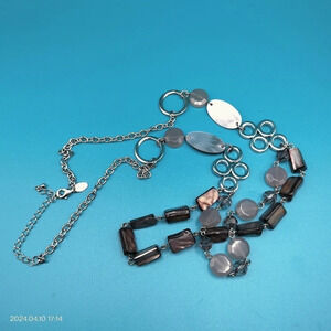 Lia Sophia Multi Strand MOP Bead Necklace Silver Tone Layered Look Boho 27"